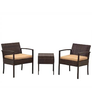 Brown 3-Piece Wicker Patio Conversation Set Outdoor Bistro Set Furniture Set with Brown Cushions and Side Table