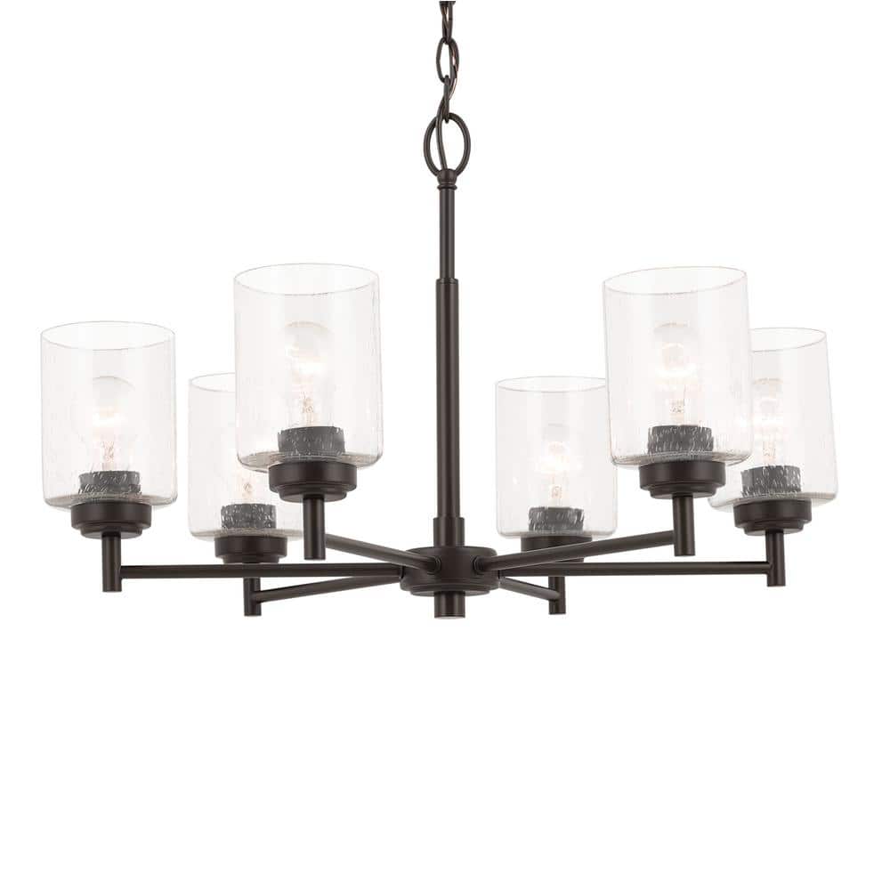 Bronze 6-Light Chandelier with Clear Seeded Glass Shades