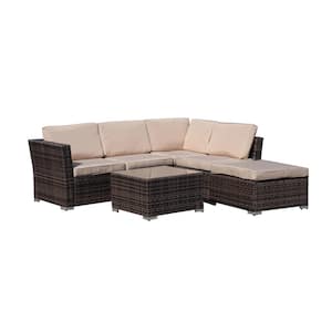 4-Piece Wicker Outdoor Sectional Set with Light Khaki Cushions