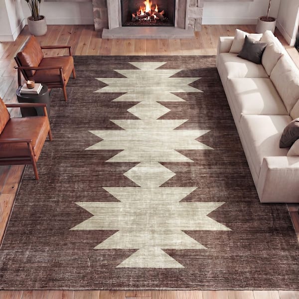 Peyton Minimalist Geometric Totem Non-Slip Machine-Washable Brown/Cream 9 ft. x 12 ft. Area Rug
