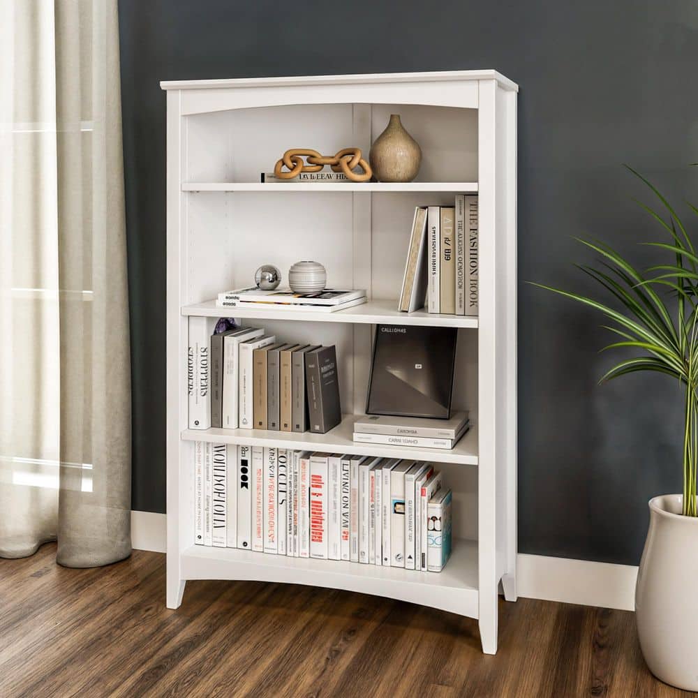 White Solid Pine Adjustable Shaker Style Bookcase, 48"