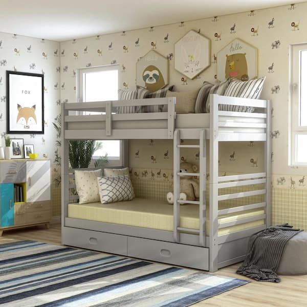Daxter Gray Twin Over Twin Kids Bunk Bed with 2 Bottom Drawers