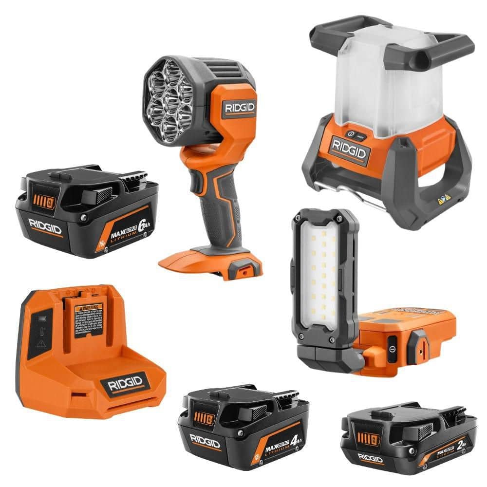 RIDGID 18V 3-Tool Lighting Kit w/ Magnetic Light, 360° Area Light, & Spotlight w/ 2Ah, 4Ah, 6Ah Batteries & Charger Starter Kit (R92190R9302460)