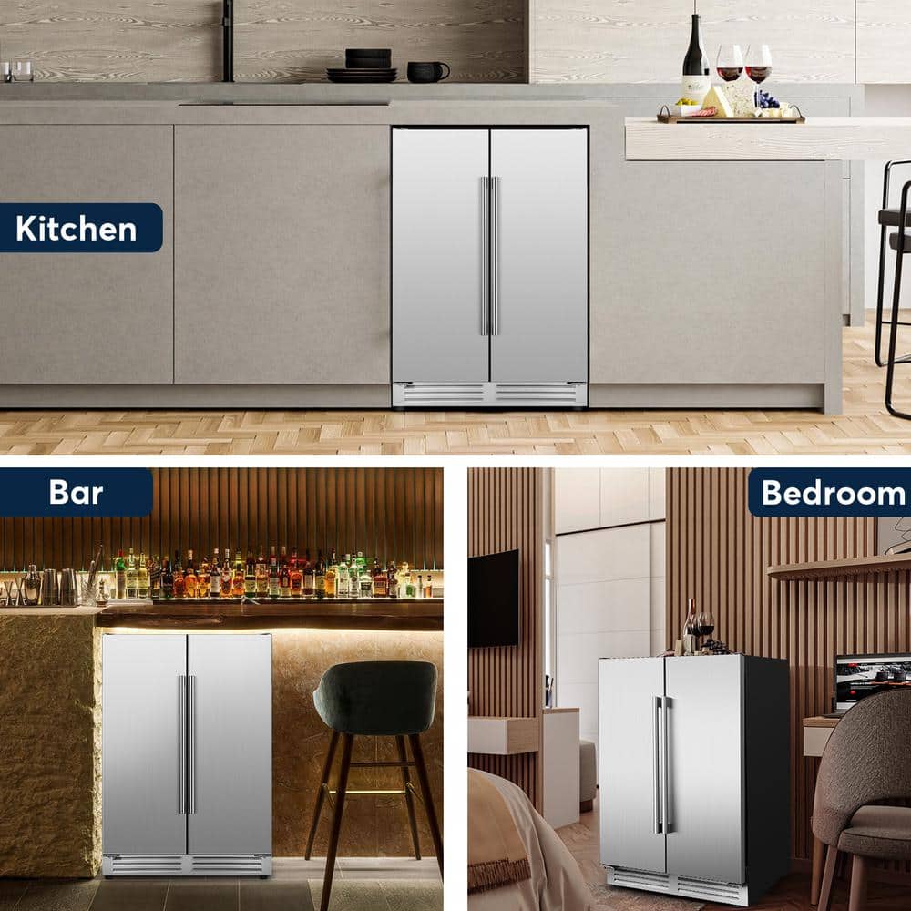 Tittla 24" Silver Beverage Refrigerator with French Doors 150-Can Capacity, Built-in or Freestanding Beer and Drink Cooler