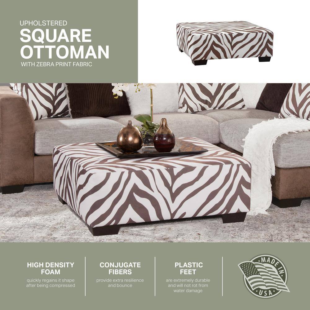 Brown and White Zebra Print Upholstered Square Ottoman