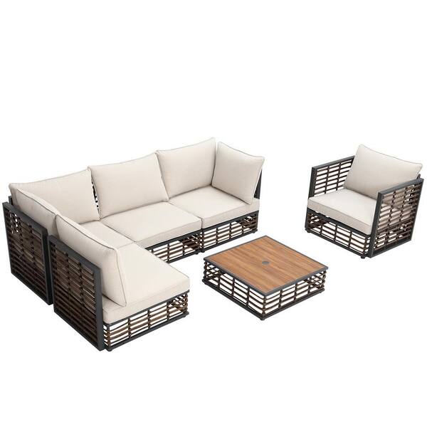 SUNVIVI 6-Piece Wicker Patio Conversation Sectional Seating Set with White Cushions