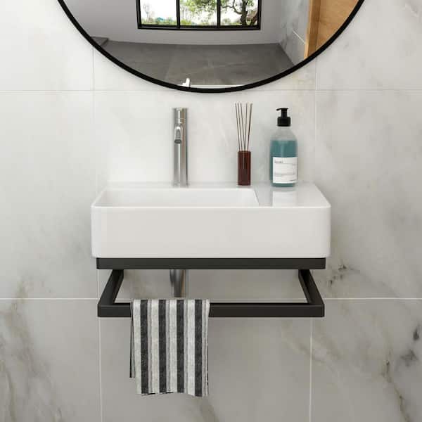 Timussi 5 in. Wall-Mounted Rectangular Bathroom Ceramic Sink in White