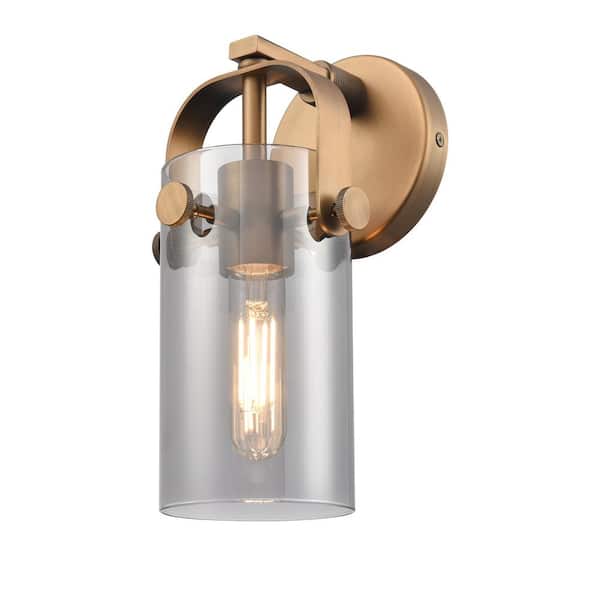 Pilaster II Cylinder 4.5 in. 1-Light Brushed Brass Wall Sconce with Glass Shade