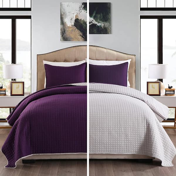 JML Plum purple/Silver-gray Reversible King Quilt Set
