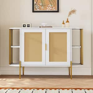 White Wood 47.2 in. W Elegant Curved Sideboard with Gold Trim and Woven Rattan Doors