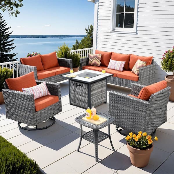 XIZZI Pearl 6 Pieces Wicker Outdoor Patio Square Fire Pit Set and Swivel Rocking Chairs with Orange Red Cushions