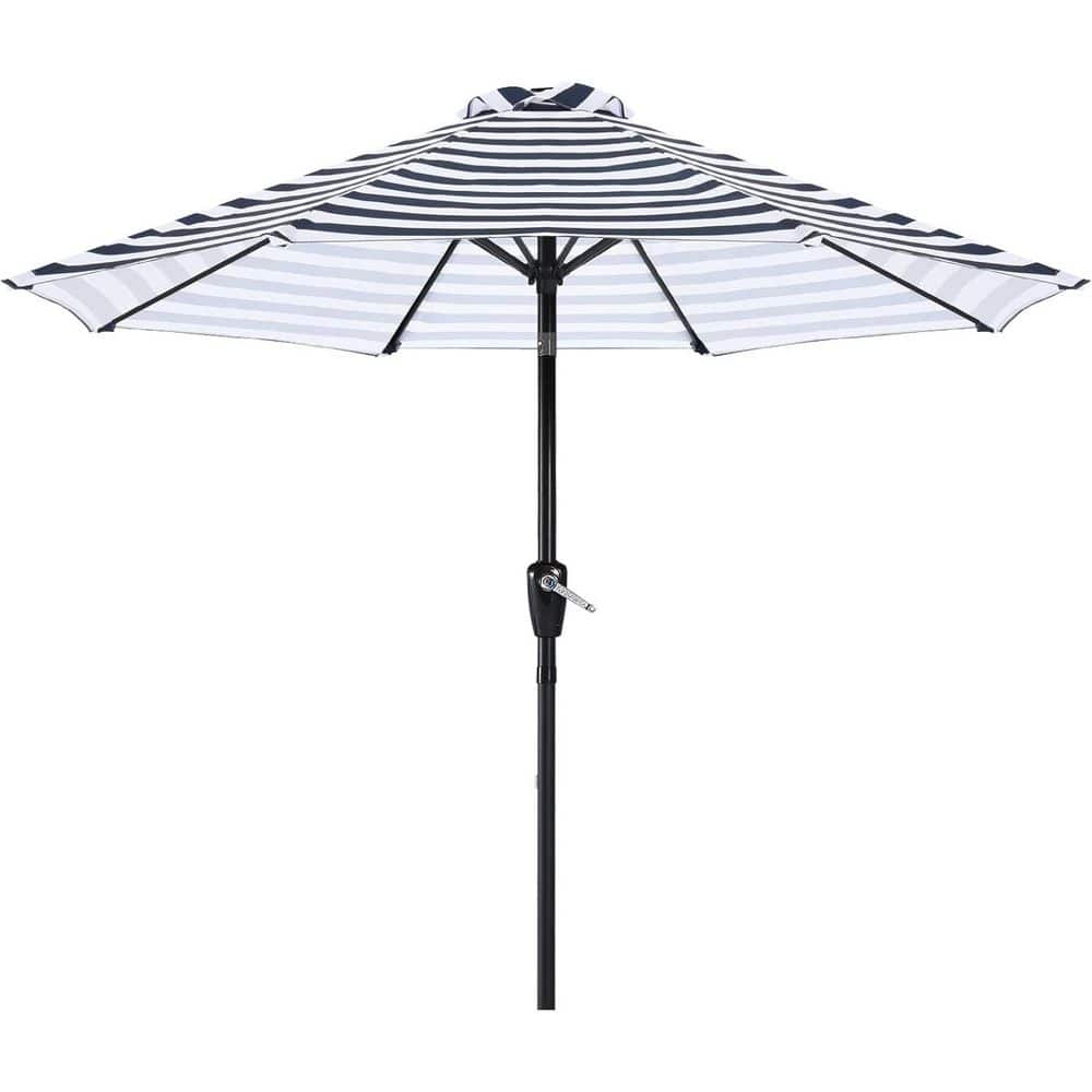9 ft. Aluminum Market Tilt Patio Umbrella in Navy Blue White Stripes with P