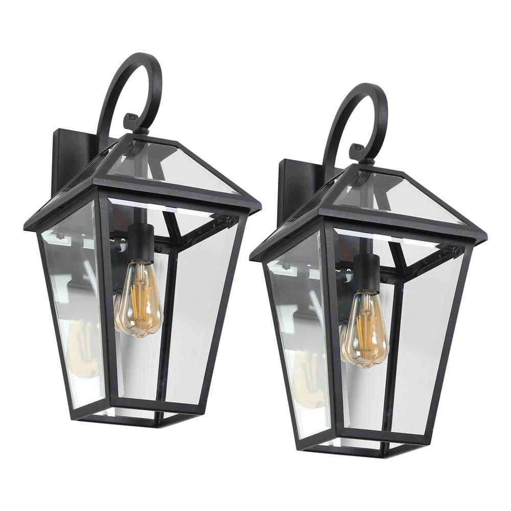 Black Modern Lantern Hardwired Sconce Clear Glass Outdoor Waterproof Wall L