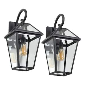 Black Modern Lantern Hardwired Sconce Clear Glass Outdoor Waterproof Wall Lamp (2-Pack)
