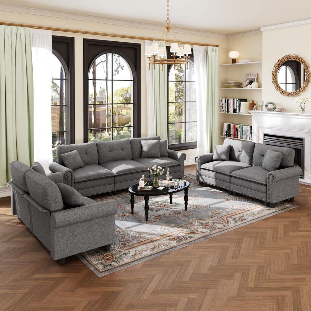 113.8 in. Roll Arm 7-Seat Linen-like Fabric Modular Sectional Sofa in Dark Gray with Throw Pillows
