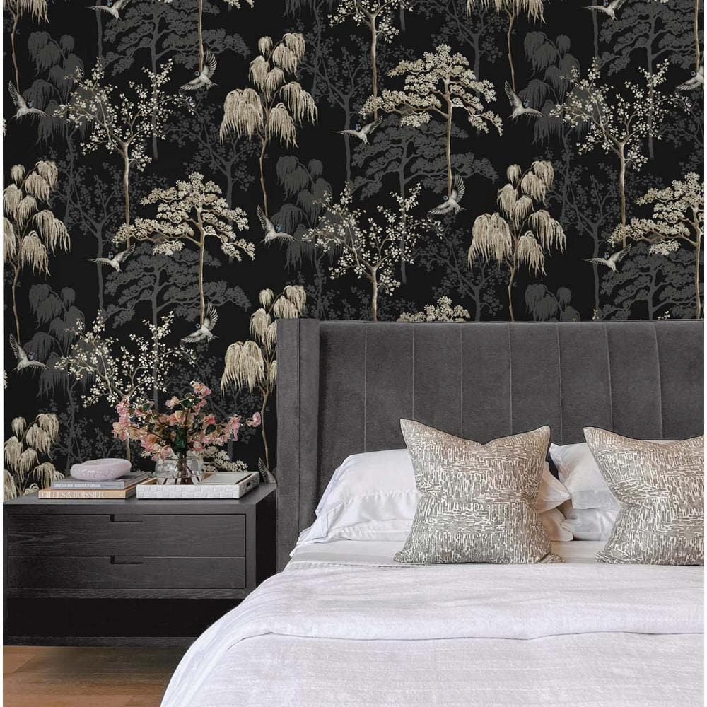 Black and Beige Vinyl Peel and Stick Bird Garden Wallpaper