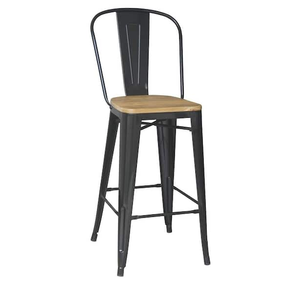 Black metal counter stool with back and store natural seat