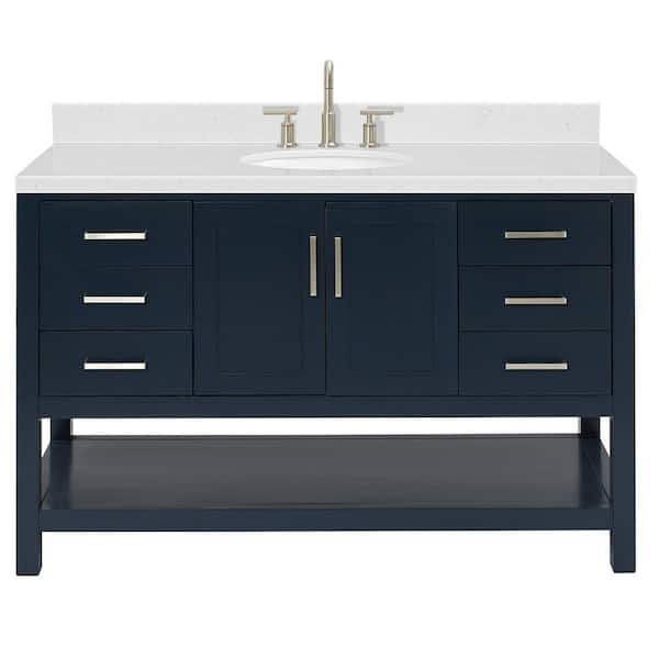 Magnolia 54 in. W x 22 in. D x 36 in. H Single Freestanding Bath Vanity in Midnight Blue with Carrara Qt. Top