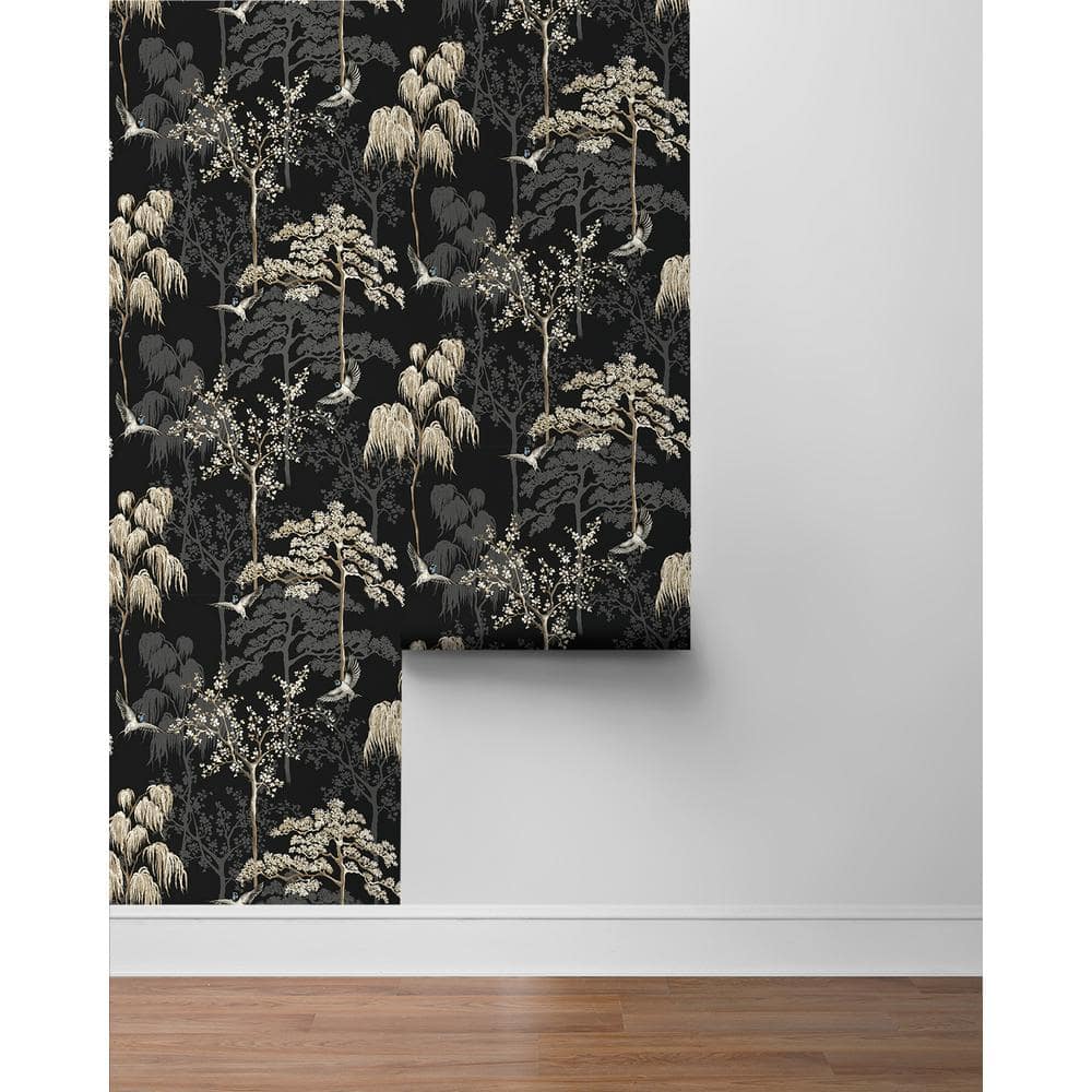 Black and Beige Vinyl Peel and Stick Bird Garden Wallpaper