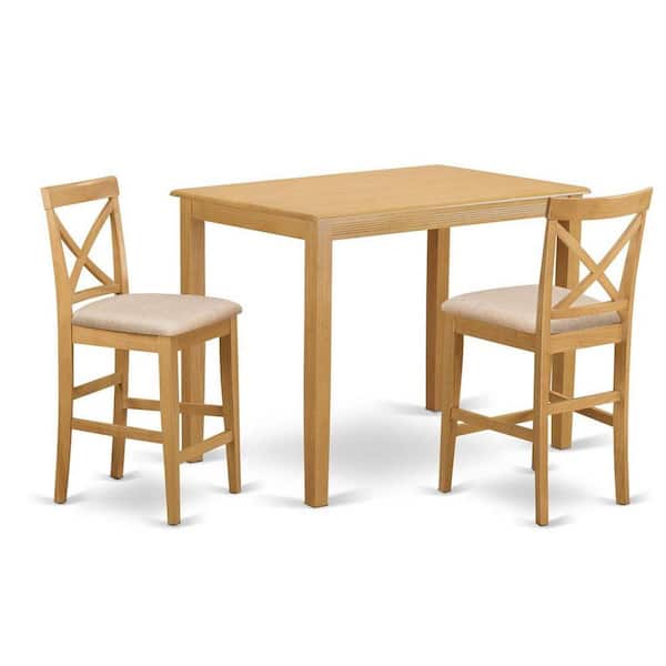 East West Furniture 3-Piece Natural Brown Oak Finish Solid Wood Top Counter Height Dining Table Set