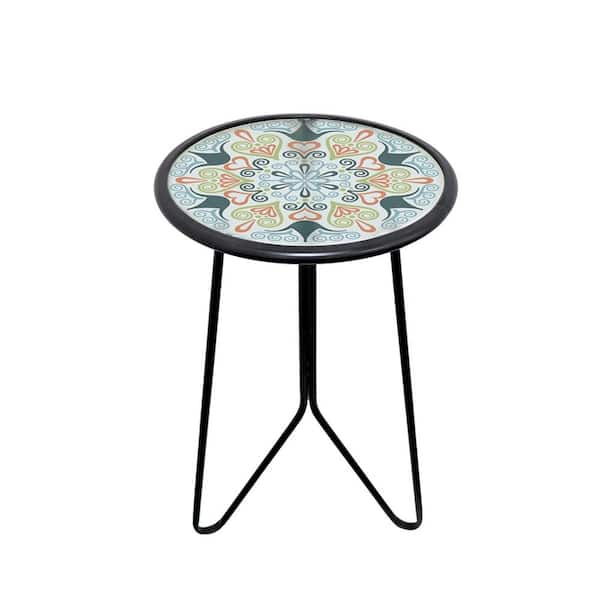Angel Sar 12 in. Metal and Glass Outdoor Round Side Table for Yard Balcony Garden Bedside, Green