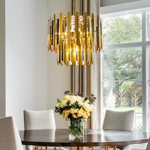 10-Light 19.7 in. Modern Contemporary Gold Stainless Steel Tiered Crystal Chandelier