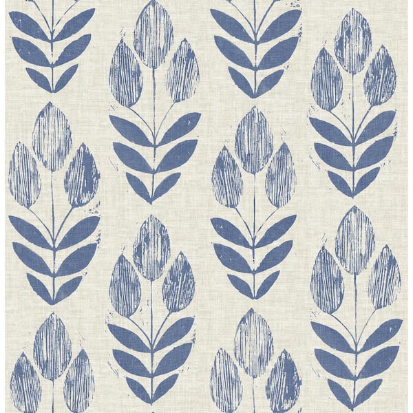 NuWallpaper Blue Imprint Folk Tulip Peel and Stick Wallpaper Sample