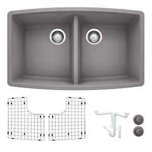 Performa 33 in. Undermount Double Bowl Metallic Gray Granite Composite Kitchen Sink Kit with Accessories