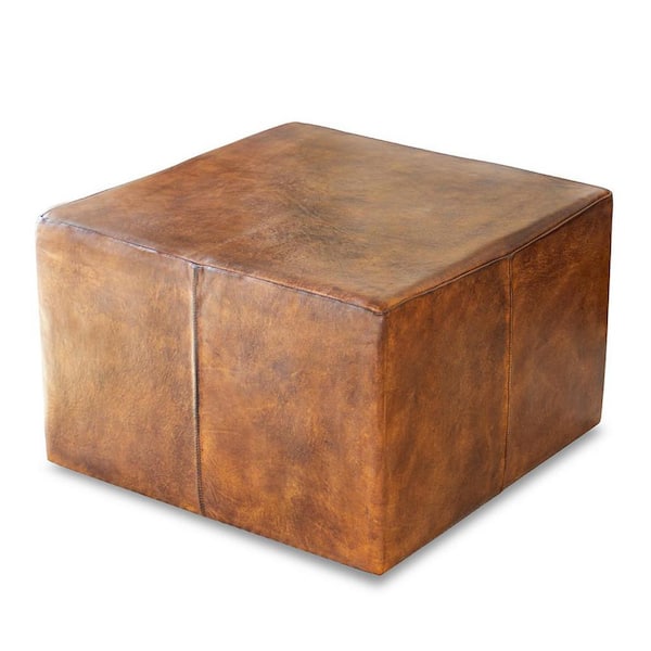 Ashcroft Furniture Co Kailey Tan Mid-Century Square Genuine Leather Upholstered Ottoman