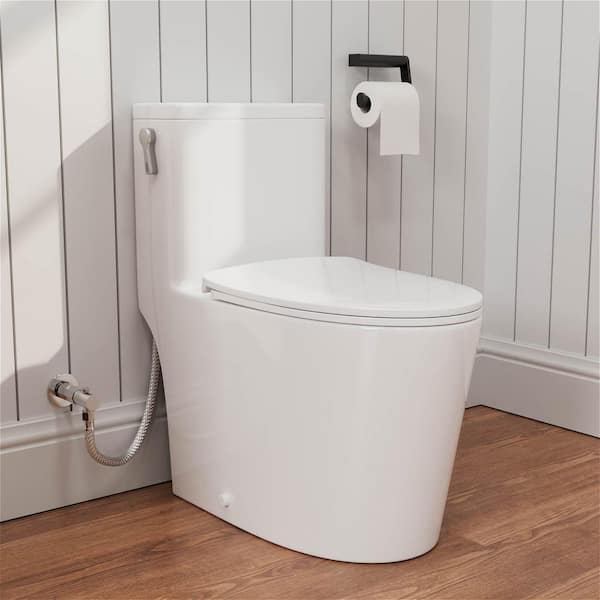1-Piece 1.0/1.28 GPF High Efficiency Left Side Dual Flush Handle Elongated Toilet in Gloss White Soft-Close Seat