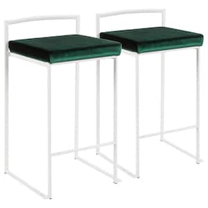 Fuji 26 in. White Stackable Counter Stool with Green Velvet Cushion (Set of 2)