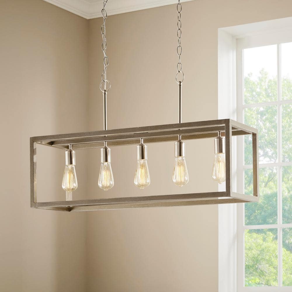 Boswell Quarter 34 in. 5-Light Brushed Nickel Farmhouse Linear Chandelier with Weathered Wood Accents price history on PriceWatchPro