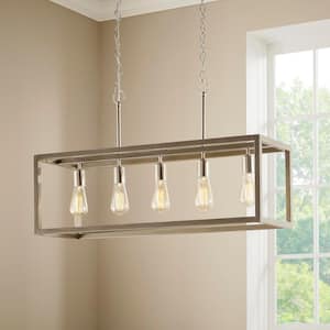 Boswell Quarter 5- -Light Brushed Nickel Linear Chandelier with Weathered Wood Accents
