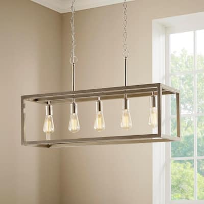 Boswell Quarter 5- -Light Brushed Nickel Linear Chandelier with Weathered Wood Accents