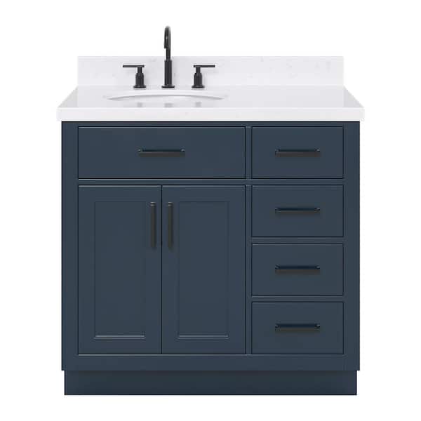 Hepburn 36 in. W x 22 in. D x 36 in. H Single Sink Freestanding Bath Vanity Midnight Blue with Carrara Qt. Top