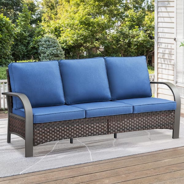 Gymojoy TwilightZone Brwon Wicker Patio Sofa 3-Seater Seactional Outdoor Couch with Thick Deep CushionGuard Blue Cushions