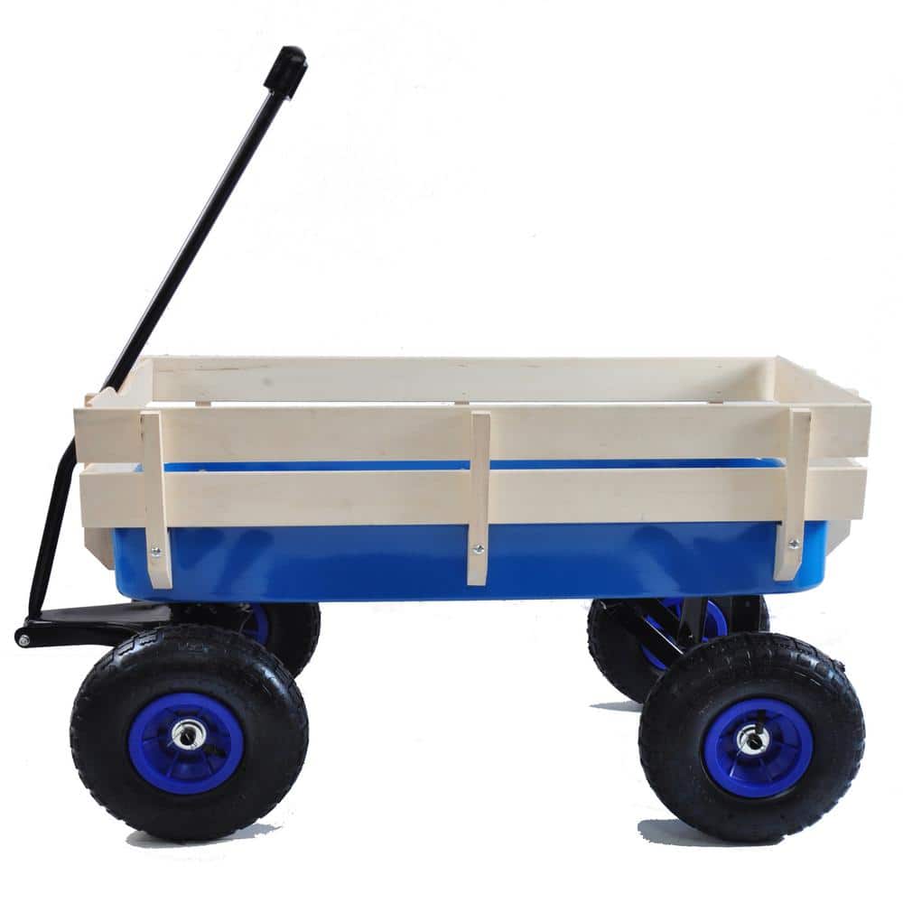 7.2 cu ft. Outdoor Metal Wagon Garden Cart Wooden Side Panels, Blue