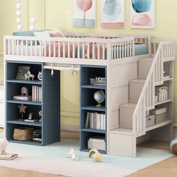 White and Blue Full Size Loft Bed with Two 4-layer Cabinets and Curtain