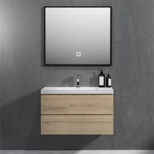 Angela 36 in. W x 18.7 in. D x 20.5 in. H Wall Mounted Floating Vanity Cabinet in Natural Oak with Glossy White Sink