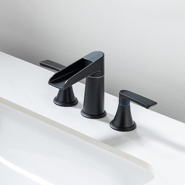 Waterfall 8 in. Widespread Double Handle Bathroom Faucet with Drain Assembly in Matte Black