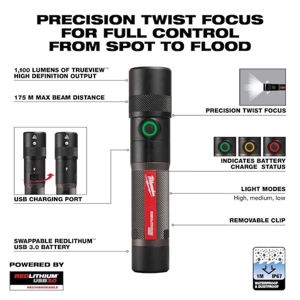 Milwaukee 500 Lumens Pivoting REDLITHIUM USB with 1100 Lumens LED Rechargeable Twist Flashlight (2-Pack) 2113-21-2161-21 - The Home Depot