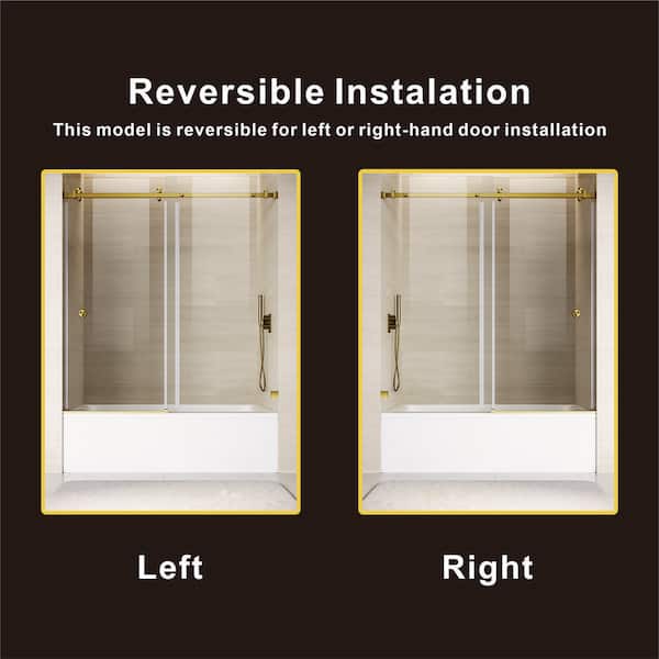 UKS09 56 to 60 in. W x 66 H Single Sliding Frameless Bathtub Door in Satin Brass with EnduroShield 3/8 in. Clear Glass