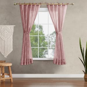 Nora Embroidered 52 in. W x 63 in. L Polyester Faux Linen Sheer Grommet Tiebacks Curtain in Blush Pink (2 Panels)