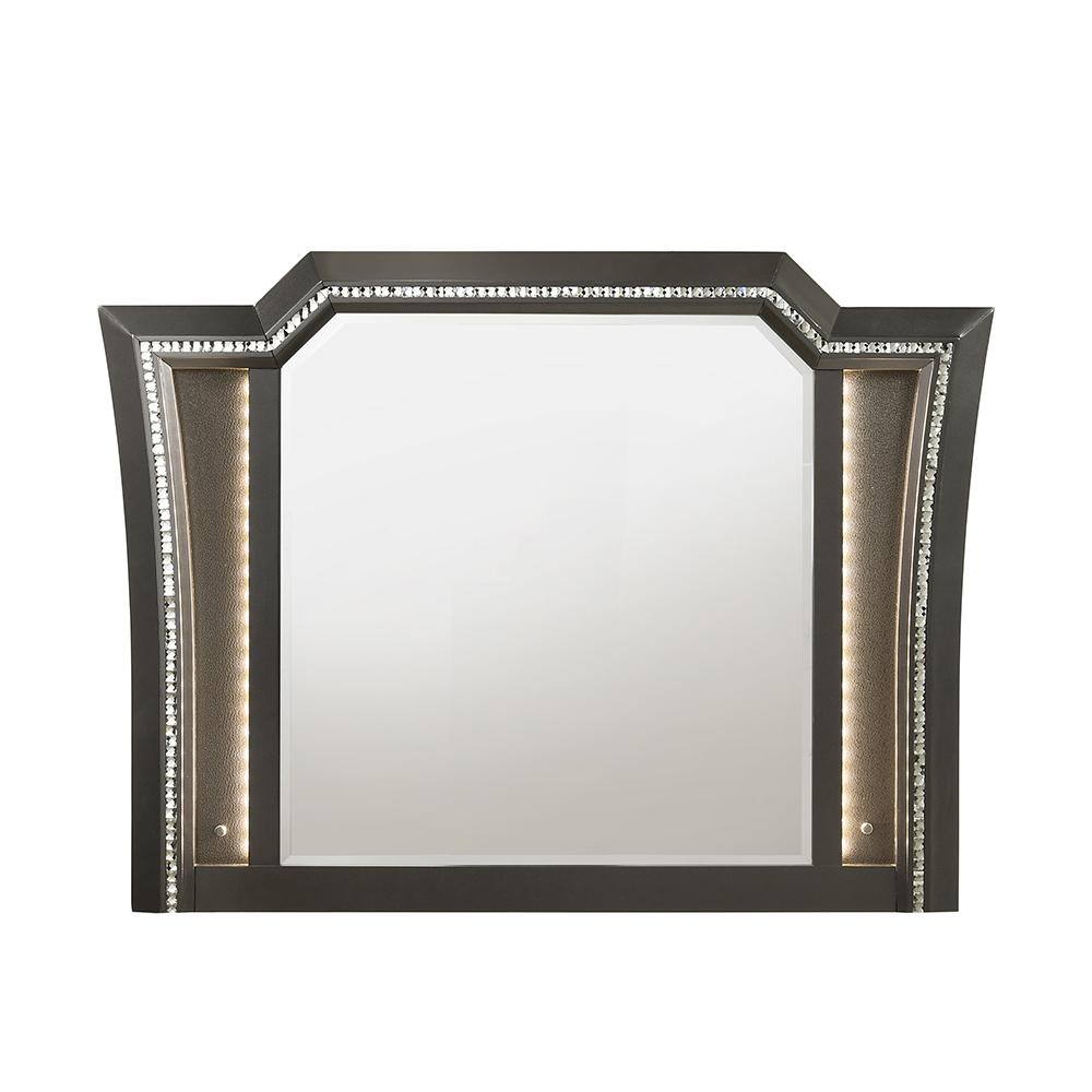 Gray Rectangular Wood Mirror with LED Lights and Crystal Trim