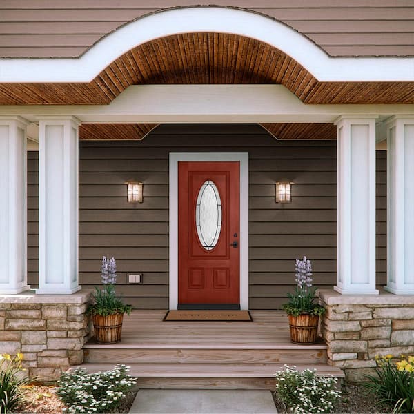 34 in. x 80 in. 3/4 Oval Lite Wendover Black Cherry Stained Fiberglass Prehung Left-Hand Inswing Front Door