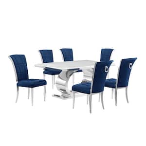Ibraim 7-Piece Rectangle White Marble Top With Stainless Steel Base Dining Set With 6 Navy Blue Velvet Iron Leg Chairs