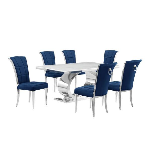Best Quality Furniture Ibraim 7-Piece Rectangle White Marble Top With Stainless Steel Base Dining Set With 6 Navy Blue Velvet Iron Leg Chairs