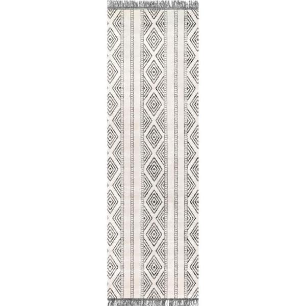 nuLOOM Miriam Striped Tribal Tassel Gray 3 ft. x 10 ft. Indoor/Outdoor Runner Patio Rug