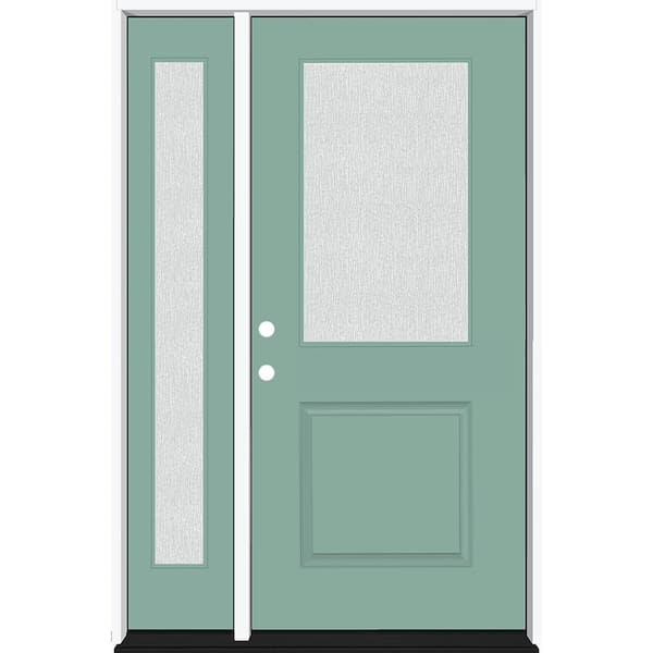 Steves & Sons Legacy 51 in. W x 80 in. 1/2 Lite Rain Glass RHIS Primed Quarry Finish Fiberglass Prehung Front Door with 12 in. SL