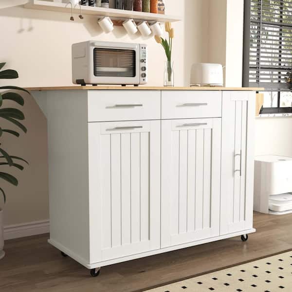 Polibi White Rubber Wood 46 in. W Kitchen Island with Drop Leaf, 3 Tier Pull Out Cabinet Organizer, Towel Rack, 2 Drawers